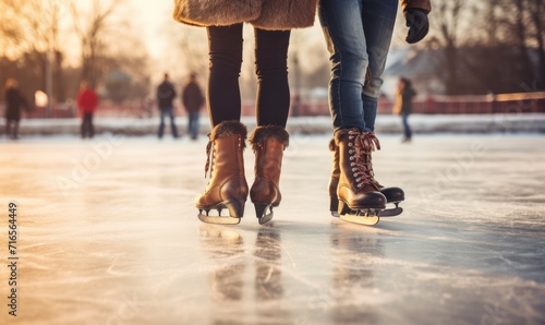 Close up photo of skates on feet on ice with amazing background. Skating on ice in winter
