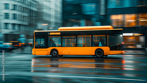 an old yellow / orange bus is driving on a city streets. - Motion blur at night.