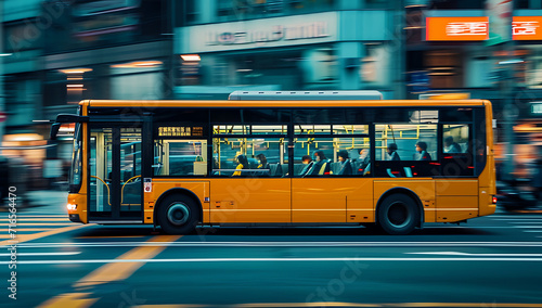 an old yellow / orange bus is driving on a city streets. - Motion blur at night.