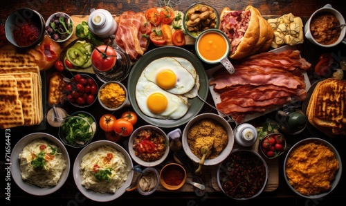 Top view bright photo of Large selection of breakfast food on a table, sun light from side. Healthy breakfast concept.