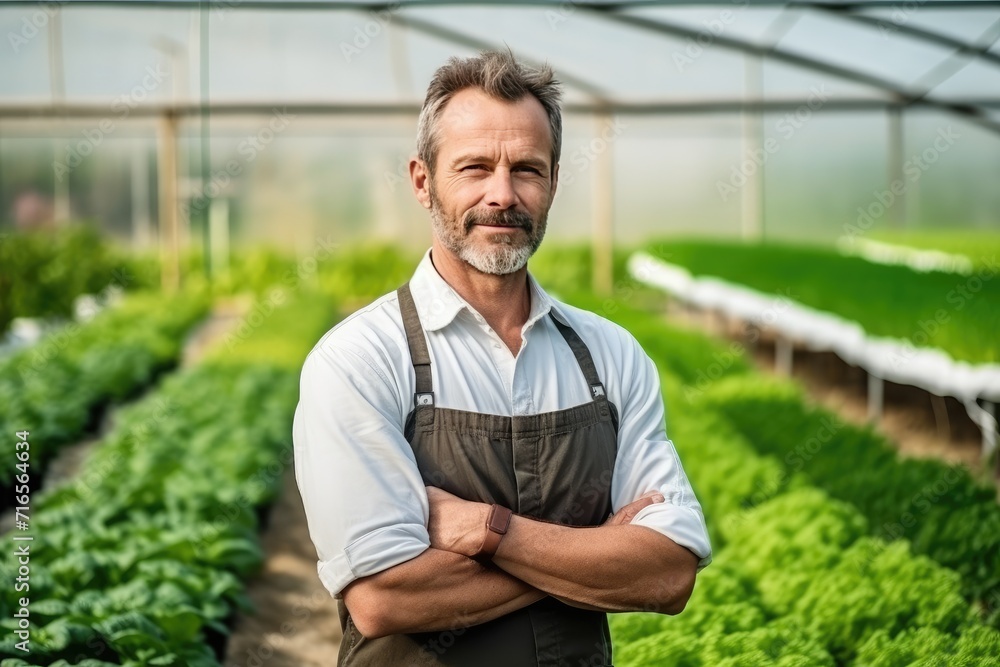 Potrait of a vegetable grower working in a large industrial greenhouse growing vegetables and herbs. Farmer Potrait of a vegetable grower working in a large industrial greenhouse growing vegetables and herbs. Farmer