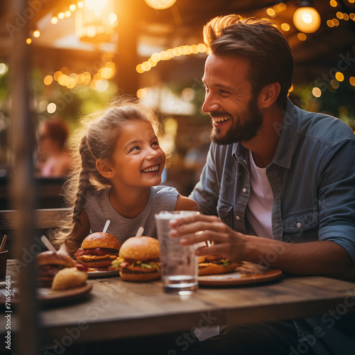 Retrato de familia feliz comiendo en el restaurante hamburgueseria. Reunion familiar, disfrutando en familia de momentos de vacaciones. photo