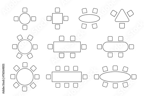 Set of layouts of seats in a restaurant, cafe, dining room. Schematic tables and chairs icons. Graphic furniture symbols. Top view of architectural seating plan