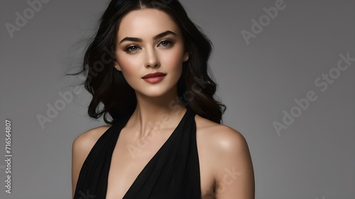 Wallpaper Mural Charming smiling girl with long dark hair in a black dress on a gray background. Perfect make-up Torontodigital.ca