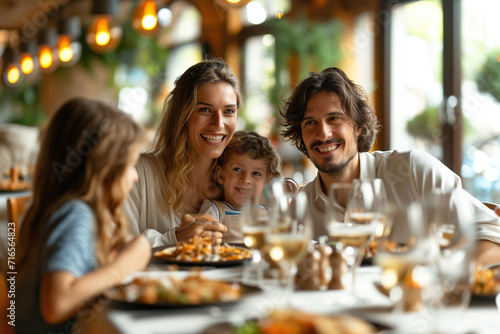Retrato de familia feliz comiendo en el restaurante. Reunion familiar, disfrutando en familia de momentos de vacaciones.
