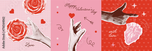 Hand in halftone for Valentine's day collage style cards set. Female hands holding and giving halftone hearts, roses. Paper cut out gifts for Valentine's Day. Retro vector illustration.