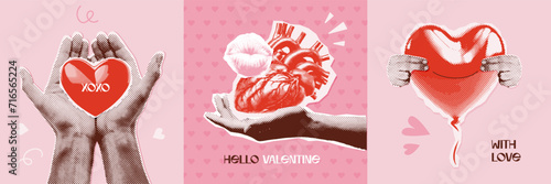 Trendy Halftone Collage cards set with halftone Hands holding different hearts. Social media covers with hands with balloon, human heart. Contemporary art magazine style. Vector illustration