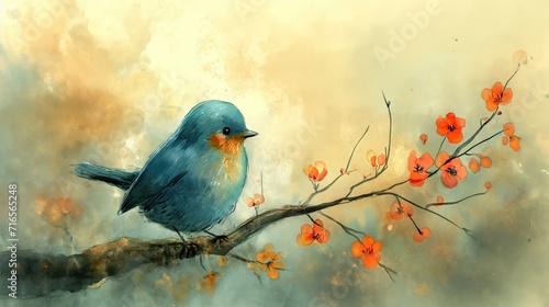 grungy noise texture art, cute sing bird on flower blossom tree, whimsical fantasy fairytale contemporary creative illustration, Generative Ai © QuietWord