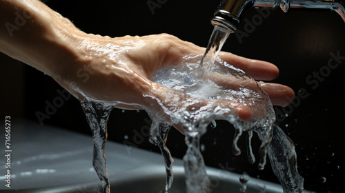 Hand under the faucet with splashing water