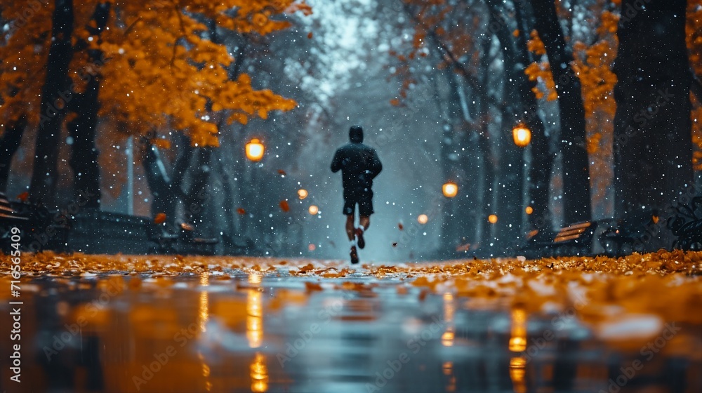 Dedicated Runner Jogging on Rainy Autumn Morning by Generative A.I. Dedicated Runner Jogging on Rainy Autumn Morning by Generative A.I.