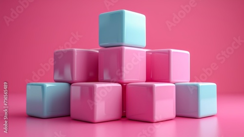 Structure pyramidale de cubes pastel sur fond rose : Minimalisme élégant