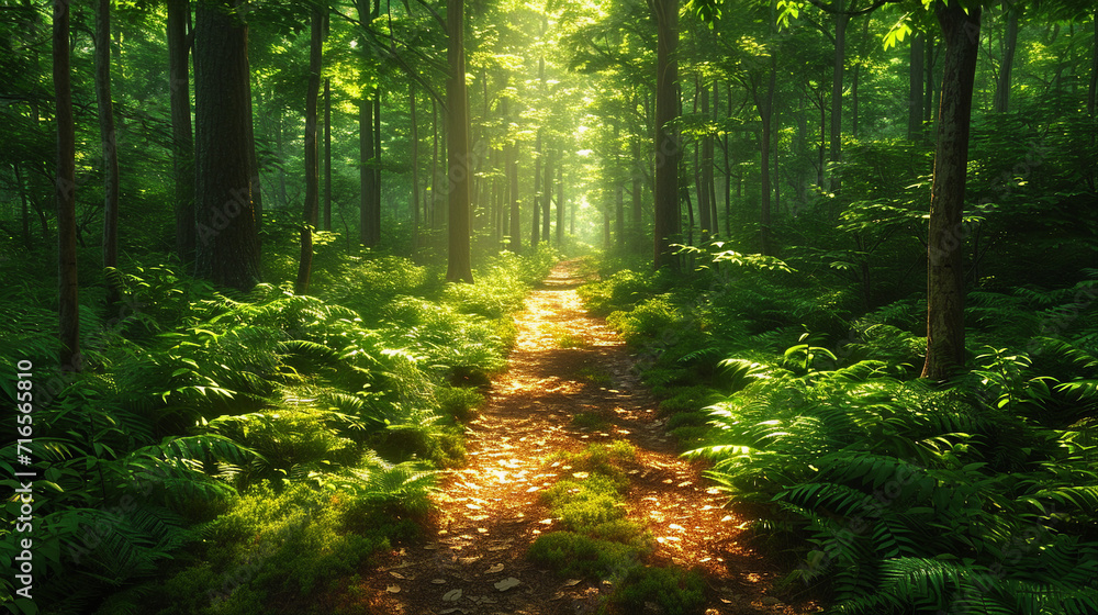 Sunlit Forest Pathway in Serene Nature Setting by Generative A.I.
