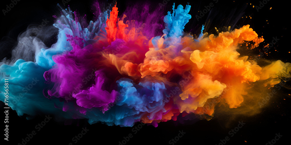 Colorful explosion of colored smoke on a black background. a: Color Explosion in Smoke on Black. Generative Ai.