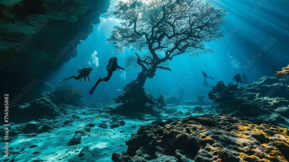 Fototapeta premium Divers swim underwater among the trees. Diving with scuba gear and fins. Concept: water exploration and treasure hunting in a flooded area 