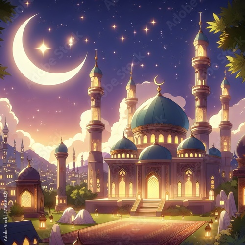 Ramadan Kareem background with mosque and crescent moon at night. Ramadan kareem, eid mubarak, muslim and eid fitr concept.