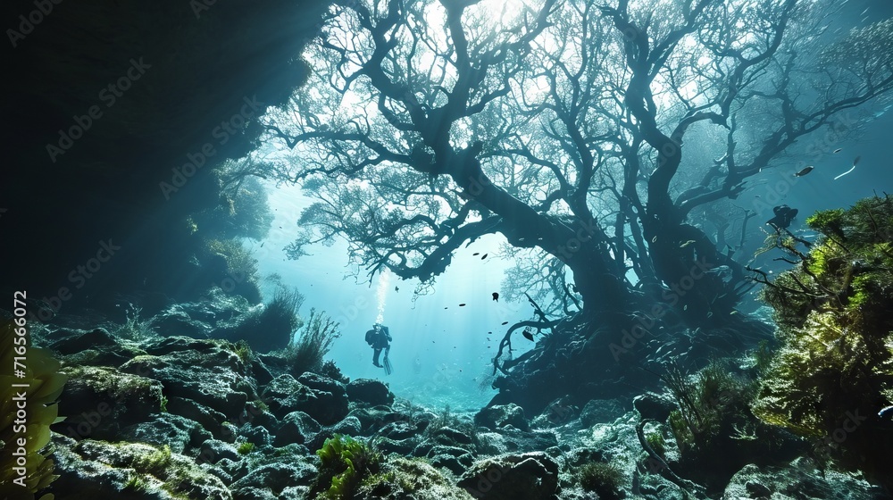 Divers swim underwater among the trees. Diving with scuba gear and fins. Concept: water exploration and treasure hunting in a flooded area
