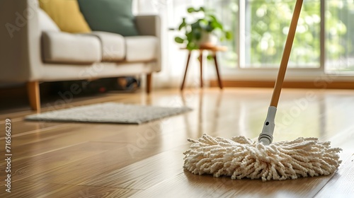 floor with cleaner, a mop and a duster on a wooden floor in a living room with a couch and a window photo