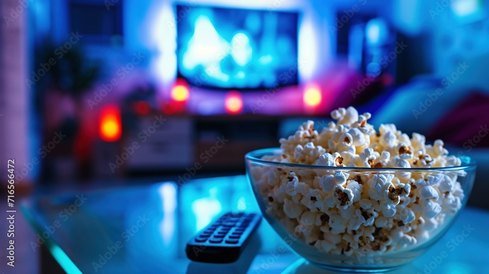 Popcorn in glass bowl and remote control in front of TV. Created with Generative Ai technology. Popcorn in glass bowl and remote control in front of TV. Created with Generative Ai technology.