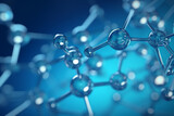 Horizontal banner with model of abstract molecular structure. Background of blue color with glass atom model. Copy space for your text. 3d render transparent background Generative Ai