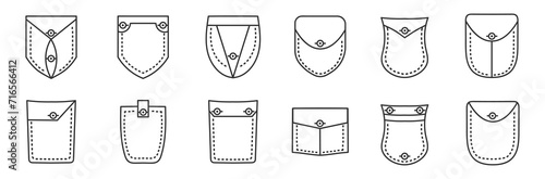 Pattern for clothes. Pocket Symbols. Set of patch pockets and fabric element. Black and white illustration. Set of part of clothes. Design elements. Vector illustration