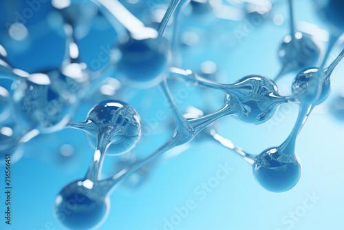 Horizontal banner with model of abstract molecular structure. Background of blue color with glass atom model. Copy space for your text. 3d render transparent background Generative Ai
