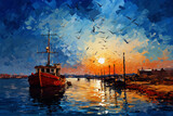 Original oil painting of boats and sea on canvas. Sunset over ocean. Modern Impressionism transparent background Generative Ai