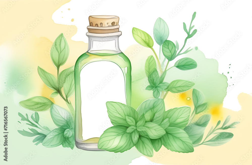 Essential oils. A bottle with mint essential oil, mint leaves on a background of pastel colors in watercolor technique. Postcard, cover, poster Essential oils. A bottle with mint essential oil, mint leaves on a background of pastel colors in watercolor technique. Postcard, cover, poster