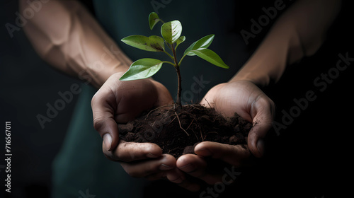 An adult man hand holding a small plant or sapling front view. Save the tree concept. Earth day and sustainability. 