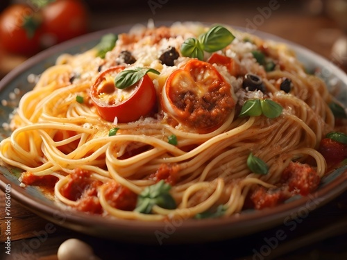 A spaghetti with tomato sauce and basil