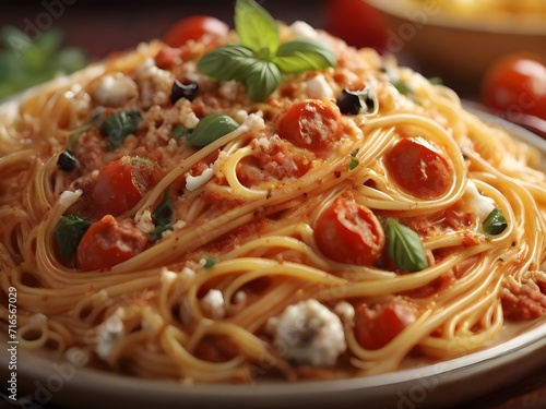 A spaghetti with tomato sauce and basil