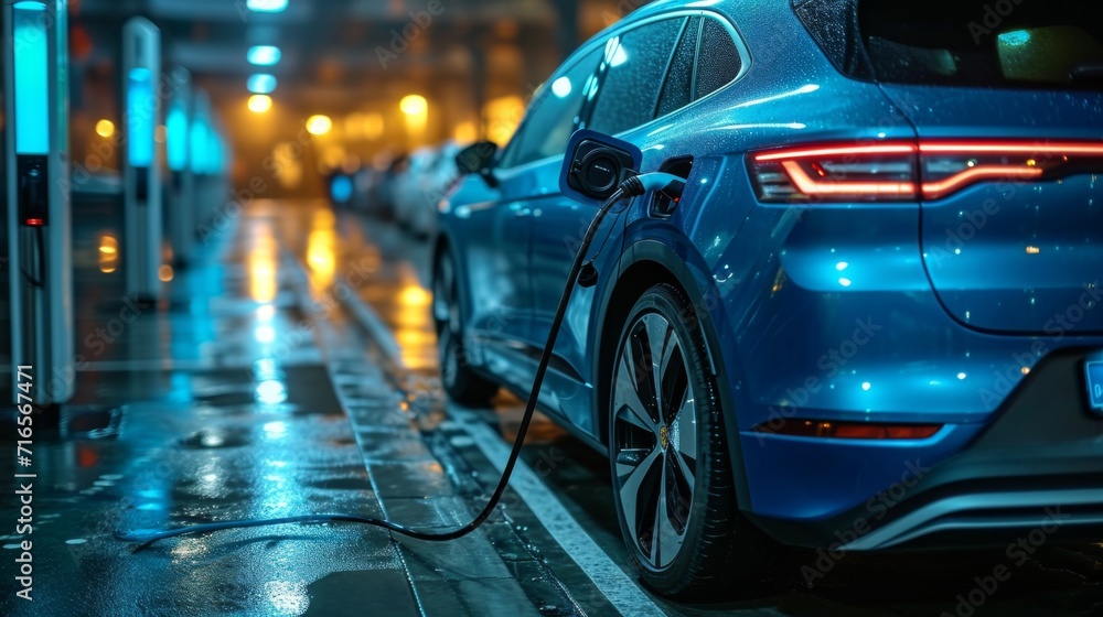 Voiture électrique bleue en charge : design moderne dans un parking éclairé