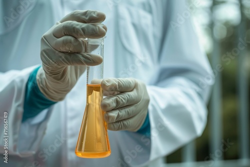 close-up of a person in a lab coat holding up a flask containing a yellowish liquid photo
