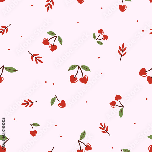 Seamless pattern with heart shape cherries, red branch on pink background vector illustration. Cute fruit print.