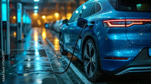 Voiture électrique bleue en charge : design moderne dans un parking éclairé © jp
