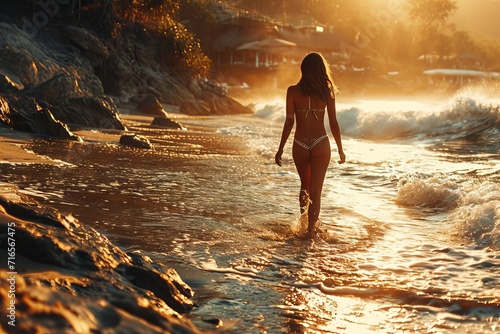 A slender woman enters the water among the raging waves. Concept: a girl on a beach holiday, walking along the water. Tourist destinations to the sea. Banner with copy space