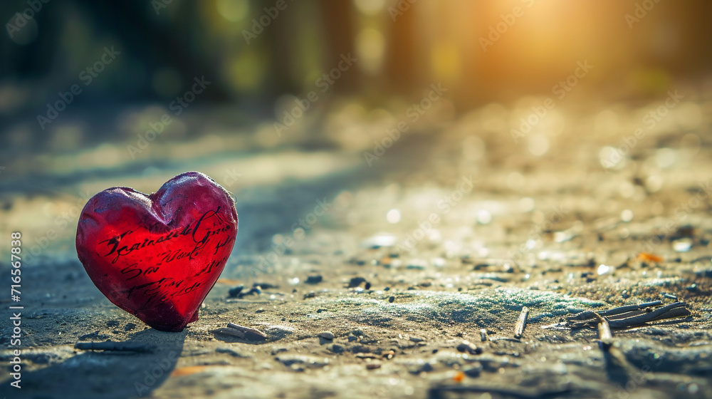 Fototapeta premium Illustration, minimalistic wallpaper with one heart containing a heartfelt message of love for Valentine's Day.