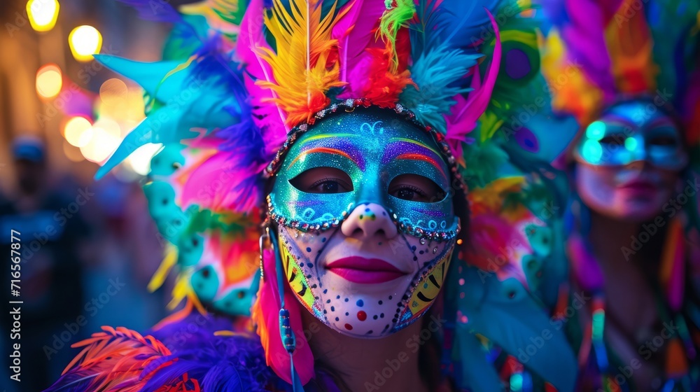 Woman Wearing Colorful Mask and Feathers on Her Head