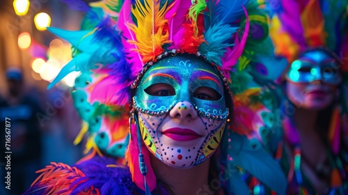 Woman Wearing Colorful Mask and Feathers on Her Head © LUPACO IMAGES