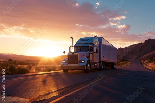 Sunset Glory: Big Rig Truck on Highway Wallpaper and Design, Generative AI