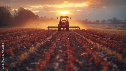 Moissonneuse-batteuse rouge dans un champ de blé doré : Paysage rural productif