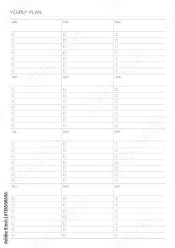 A year plan template with a simple and minimal style. Note, scheduler, diary, calendar planner document template illustration.