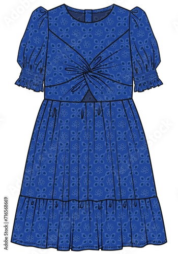 KID GIRLS WEAR DRESS WITH FRILLS AND HAKOBA SCHIFFLI FABRIC VECTOR ILLUSTRATION