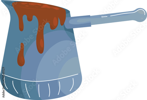 Blue saucepan with overflowing brown sauce, cartoon kitchenware with spill. Messy cooking concept vector illustration.