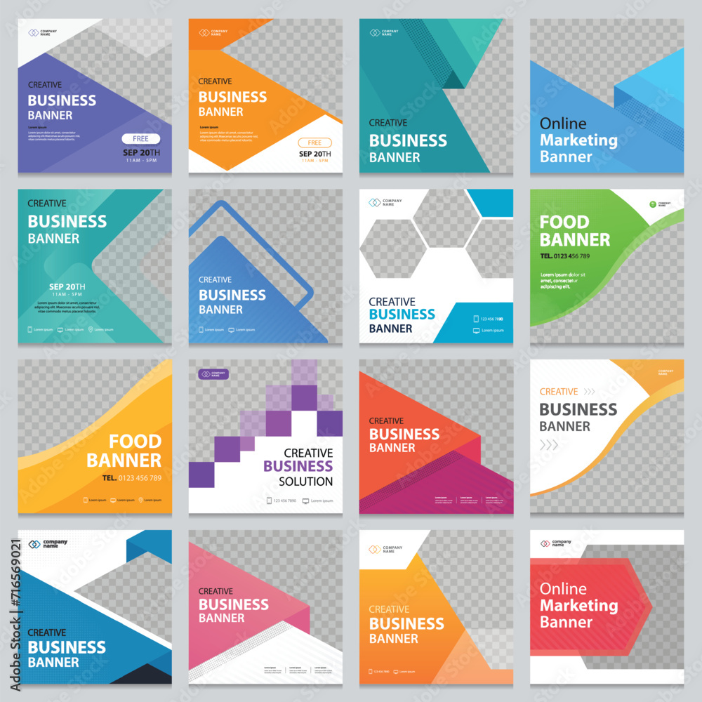 Set of Editable square business web banner design template. Suitable for social media post, instagram stories and web ads. Vector illustration with Space to add pictures. Set of Editable square business web banner design template. Suitable for social media post, instagram stories and web ads. Vector illustration with Space to add pictures.