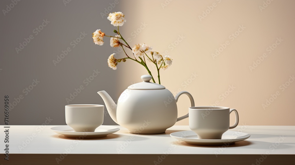 Composition with teapot with tea. Tea concept. Created with Generative AI Composition with teapot with tea. Tea concept. Created with Generative AI