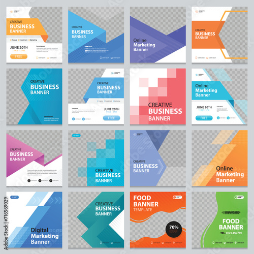 Set of Editable square business web banner design template. Suitable for social media post, instagram stories and web ads. Vector illustration with Space to add pictures.