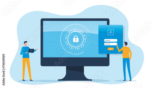 flat vector Business cyber, security technology with team administrator and developer working design concept