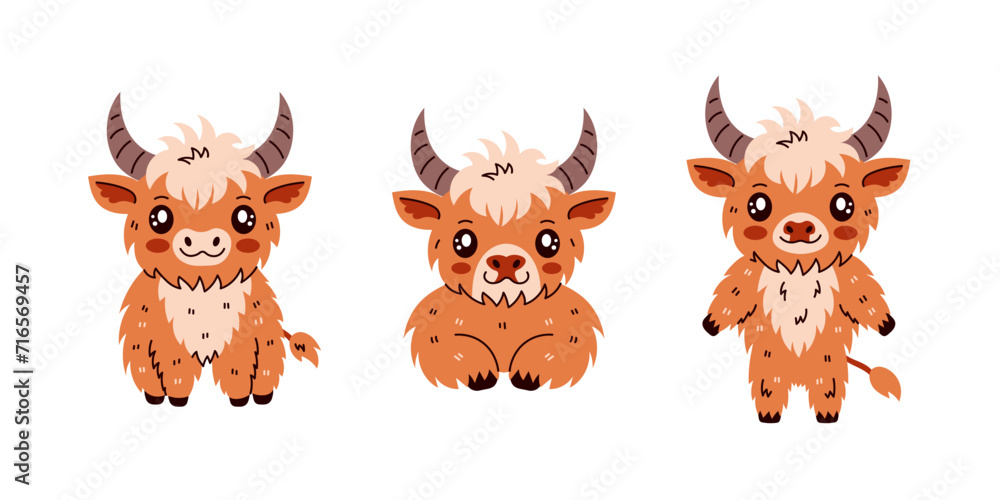 Highland Cattle Cow Character Collection. Set of adorable horned baby animal vector illustrations. Various poses. Happy and cute modern cartoon mascot for farm, organic, milk, dairy product design Highland Cattle Cow Character Collection. Set of adorable horned baby animal vector illustrations. Various poses. Happy and cute modern cartoon mascot for farm, organic, milk, dairy product design
