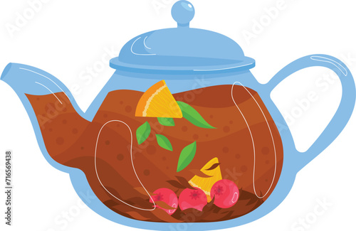 Transparent teapot with fruit tea. Berry slices, orange, and leaves inside. Cozy beverage concept. Refreshing drink vector illustration.