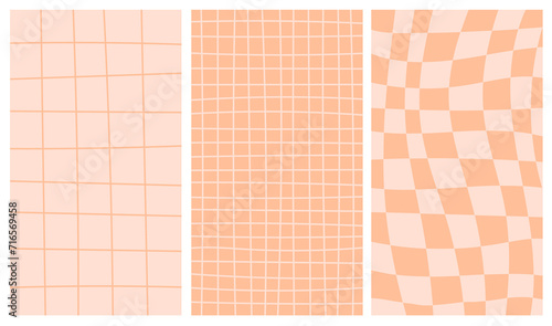 Checkered Peach Fuzz Backgrounds Set. Trendy collection of hand drawn geometric vertical phone wallpapers with grid, chessboard and checkerboard texture for social media, post, stories